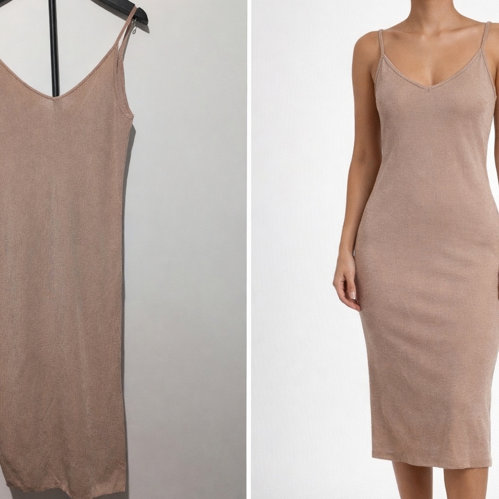 H&M Tan V-Neck Midi Ribbed Knit Dress with Side Slit - Size M